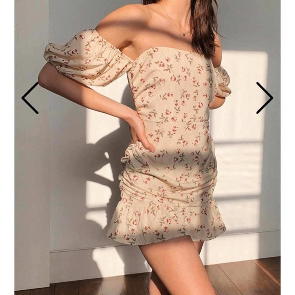 Nasty Gal Tan Off-Shoulder Floral Puff Sleeve Mini Dress
